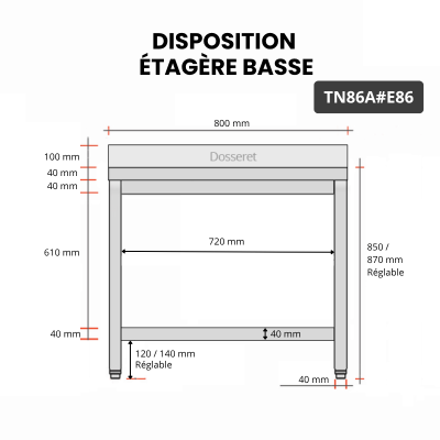 Table inox 800 x 600 mm adossée avec 2 étagères / GOLDINOX