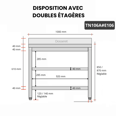 Table inox 1000 x 600 mm adossée avec 2 étagères / GOLDINOX