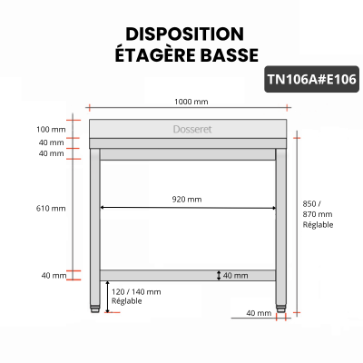Table inox 1000 x 600 mm adossée avec 2 étagères / GOLDINOX