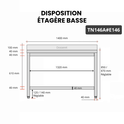 Table inox 1400 x 600 mm adossée avec 2 étagères / GOLDINOX