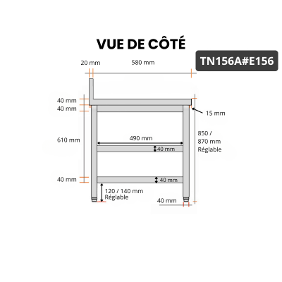 Table inox 1500 x 600 mm adossée avec 2 étagères / GOLDINOX