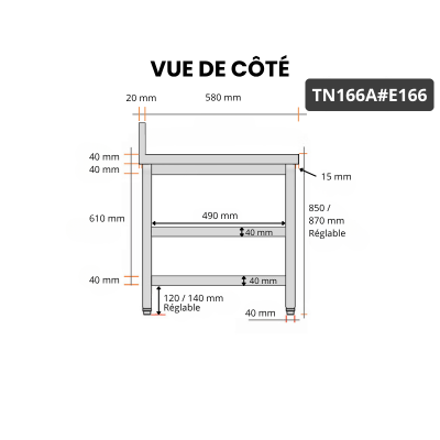 Table inox 1600 x 600 mm adossée avec 2 étagères / GOLDINOX
