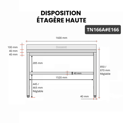 Table inox 1600 x 600 mm adossée avec 2 étagères / GOLDINOX