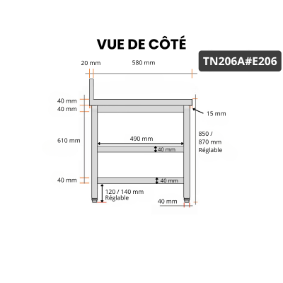 Table inox 2000 x 600 mm adossée avec 2 étagères / GOLDINOX