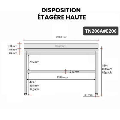 Table inox 2000 x 600 mm adossée avec 2 étagères / GOLDINOX