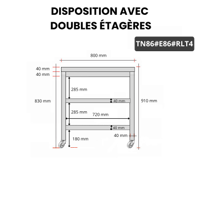 Table inox 800 x 600 mm avec 2 étagères sur roulettes / GOLDINOX