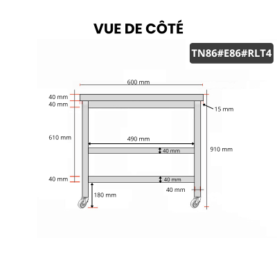 Table inox 800 x 600 mm avec 2 étagères sur roulettes / GOLDINOX