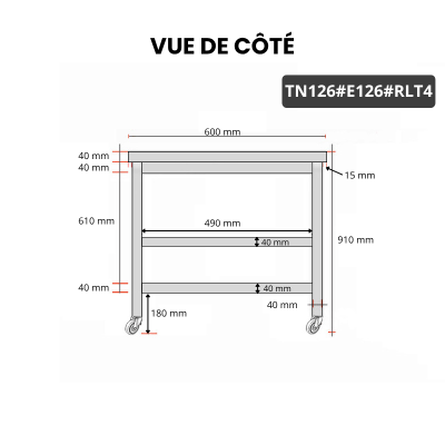 Table inox 1200 x 600 mm avec 2 étagères sur roulettes / GOLDINOX