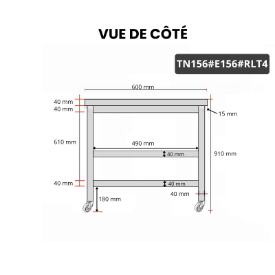 Table inox 1500 x 600 mm avec 2 étagères sur roulettes / GOLDINOX