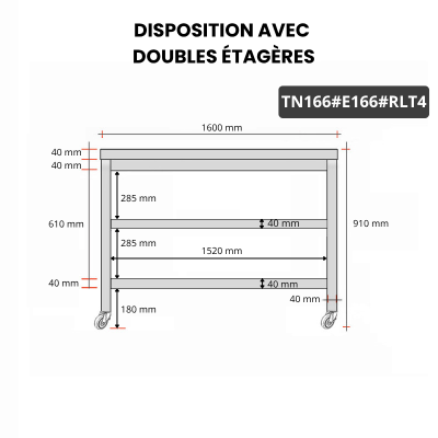 Table inox 1600 x 600 mm avec 2 étagères sur roulettes / GOLDINOX