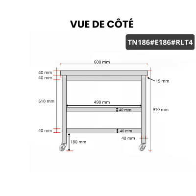 Table inox 1800 x 600 mm avec 2 étagères sur roulettes / GOLDINOX
