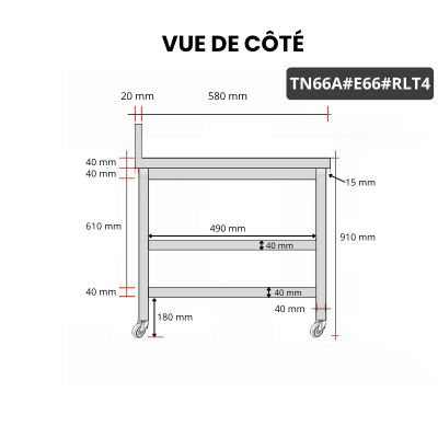 Table inox 600 x 600 mm adossée avec 2 étagères sur roulettes PREMIUM / GOLDINOX