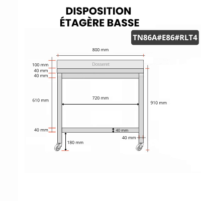 Table inox 800 x 600 mm adossée avec 2 étagères sur roulettes / GOLDINOX