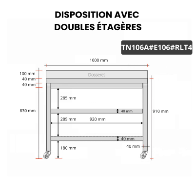 Table inox 1000 x 600 mm adossée avec 2 étagères sur roulettes / GOLDINOX