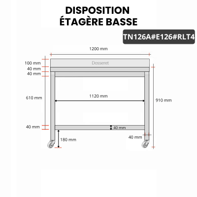 Table inox 1200 x 600 mm adossée avec 2 étagères sur roulettes / GOLDINOX