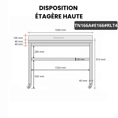Table inox 1600 x 600 mm adossée avec 2 étagères sur roulettes / GOLDINOX