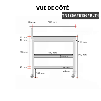 Table inox 1800 x 600 mm adossée avec 2 étagères sur roulettes / GOLDINOX