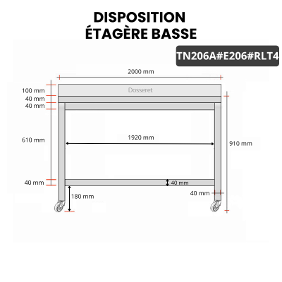 Table inox 2000 x 600 mm adossée avec 2 étagères sur roulettes / GOLDINOX