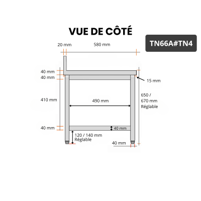 Table inox soubassement 600 x 600 mm adossée PREMIUM / GOLDINOX