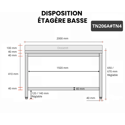 Table inox soubassement 2000 x 600 mm adossée / GOLDINOX
