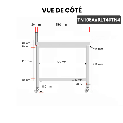 Table inox soubassement 1000 x 600 mm adossée sur roulettes / GOLDINOX