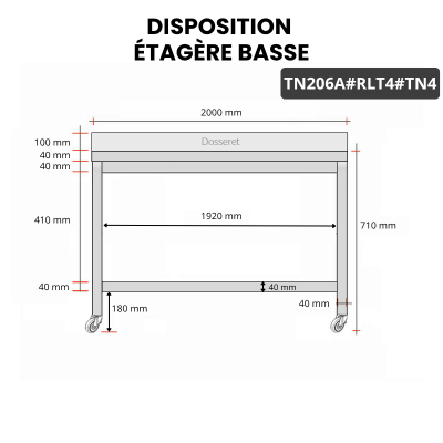Table inox soubassement 2000 x 600 mm adossée sur roulettes / GOLDINOX
