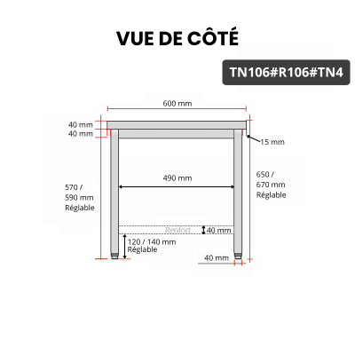 Table inox soubassement 1000 x 600 mm avec renfort / GOLDINOX