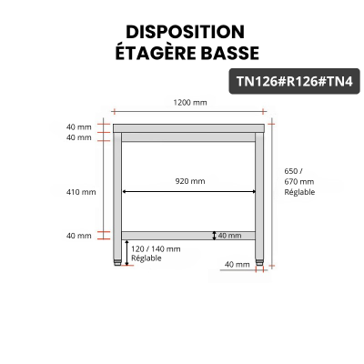 Table inox soubassement 1200 x 600 mm avec renfort / GOLDINOX