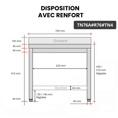 Table inox soubassement 700 x 600 mm adossée avec renfort / GOLDINOX
