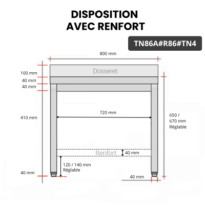 Table inox soubassement 800 x 600 mm adossée avec renfort / GOLDINOX