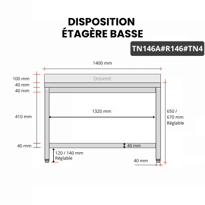 Table inox soubassement 1400 x 600 mm adossée avec renfort / GOLDINOX