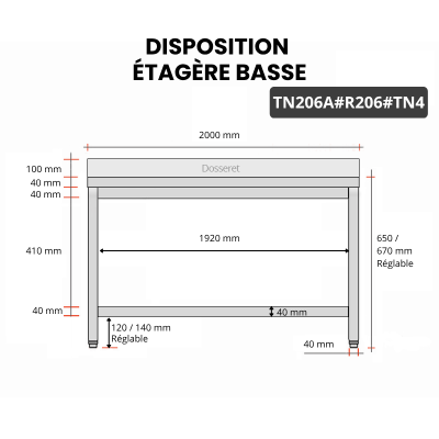 Table inox soubassement 2000 x 600 mm adossée avec renfort / GOLDINOX