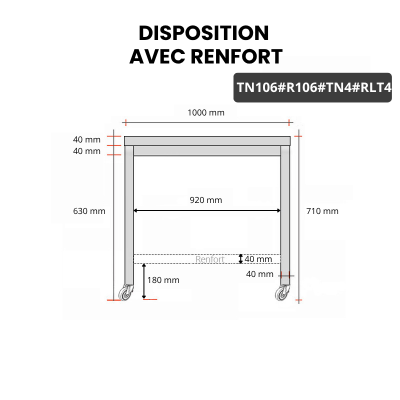 Table inox soubassement 1000 x 600 mm avec renfort sur roulettes / GOLDINOX