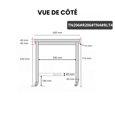 Table inox soubassement 2000 x 600 mm avec renfort sur roulettes / GOLDINOX
