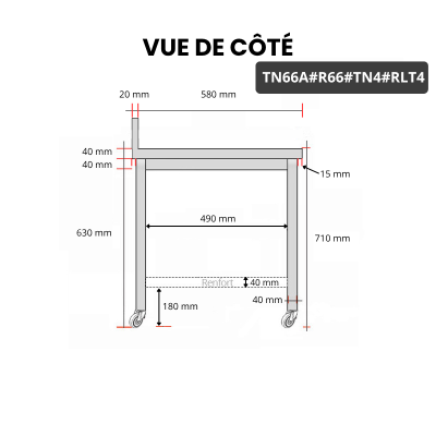 Table inox soubassement 600 x 600 mm adossée avec renfort sur roulettes / GOLDINOX