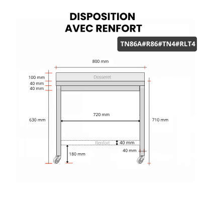 Table inox soubassement 800 x 600 mm adossée avec renfort sur roulettes / GOLDINOX