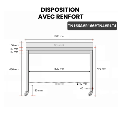 Table inox soubassement 1600 x 600 mm adossée avec renfort sur roulettes / GOLDINOX
