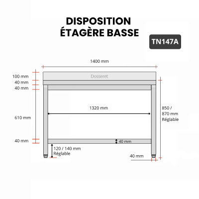 Table inox 1400 x 700 mm adossée PREMIUM / GOLDINOX 