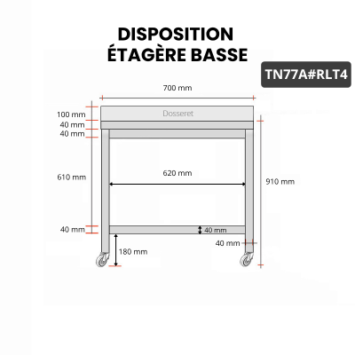 Table inox 700 x 700 mm adossée sur roulettes / GOLDINOX 