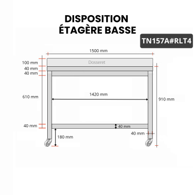 Table inox 1500 x 700 mm adossée sur roulettes / GOLDINOX 