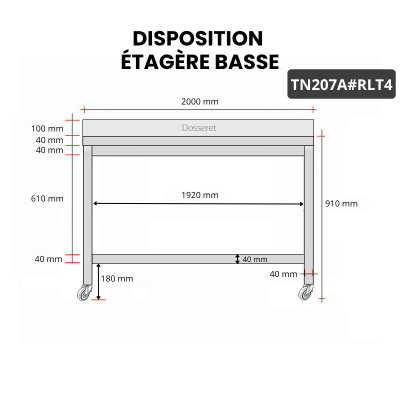 Table inox 2000 x 700 mm adossée sur roulettes / GOLDINOX 