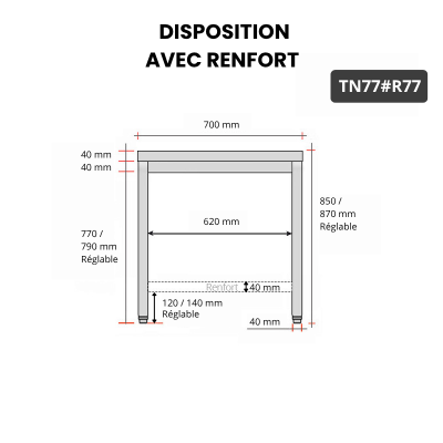 Table inox 700 x 700 mm avec renfort / GOLDINOX