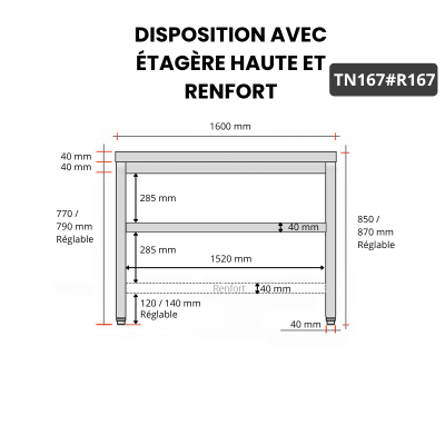 Table inox 1600 x 700 mm avec renfort / GOLDINOX