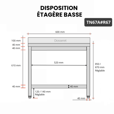 Table inox 600 x 700 mm adossée avec renfort / GOLDINOX