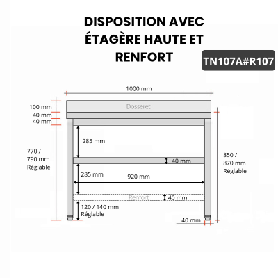 Table inox 1000 x 700 mm adossée avec renfort / GOLDINOX 