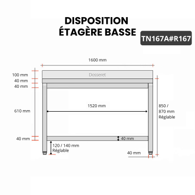 Table inox 1600 x 700 mm adossée avec renfort / GOLDINOX