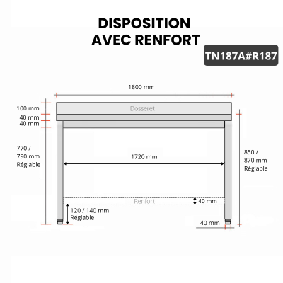 Table inox 1800 x 700 mm adossée avec renfort / GOLDINOX