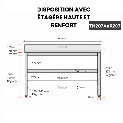 Table inox 2000 x 700 mm adossée avec renfort / GOLDINOX