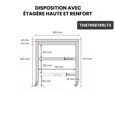 Table inox 800 x 700 mm avec renfort sur roulettes / GOLDINOX