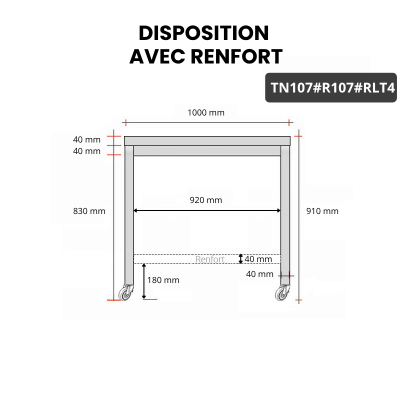 Table inox 1000 x 700 mm avec renfort sur roulettes / GOLDINOX